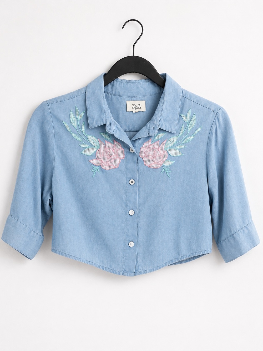 Rahi Cali Blue Floral Embroidered Lace Back Cropped Button Up Blouse XS